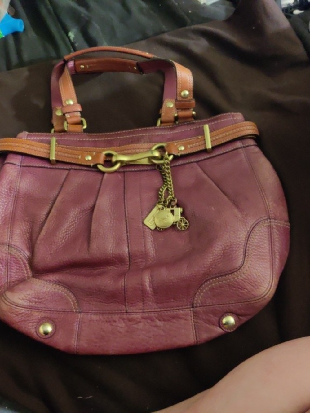 Women's Purple Leather Coach Purse with Gold Charm Detail